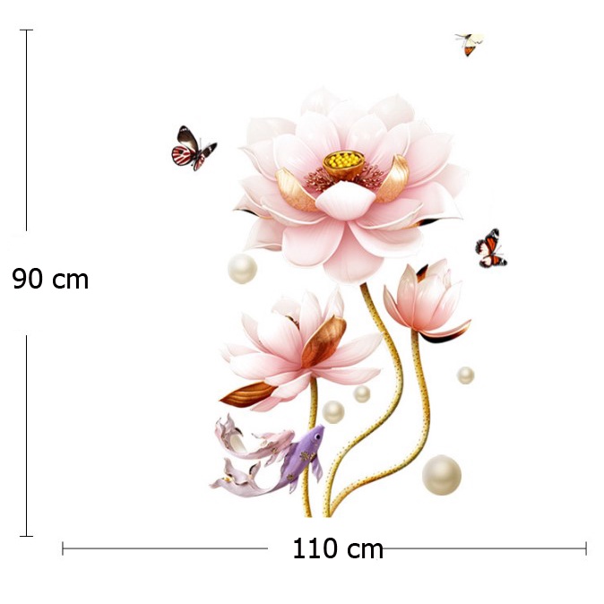 Tranh dán tường 3D Ba bông sen, Tranh hoa sen KT 90x110cm, Decal trang trí phòng