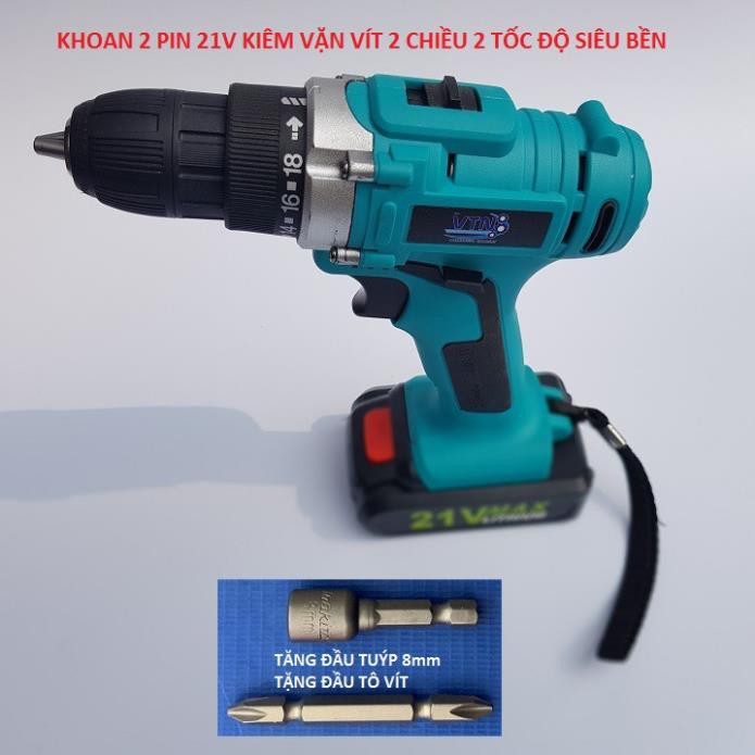 Máy Khoan Pin 21v, Kiêm Bắt Vít - Khoan Tường, Sắt, Gỗ Tặng Kèm Phụ Kiện Chính hãng VTN bảo Hành 6 Tháng