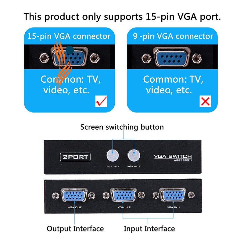 Hộp kết nối video 2 chiều 2 cổng VGA vào 1 cổng VGA ra kích thước 11 x 6.5 x 2.5cm dành cho màn hình máy tính/TV