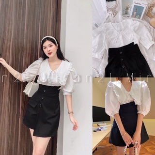 Set áo sơ mi cổ bèo mix váy kaki khuy cạp lệch