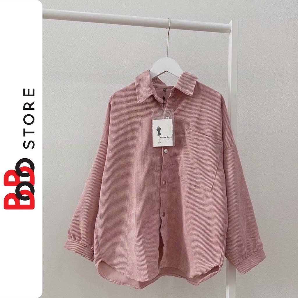 Áo khoác sơ mi nhung tăm form rộng tay phồng unisex nam nữ có túi trước - BoBo Store