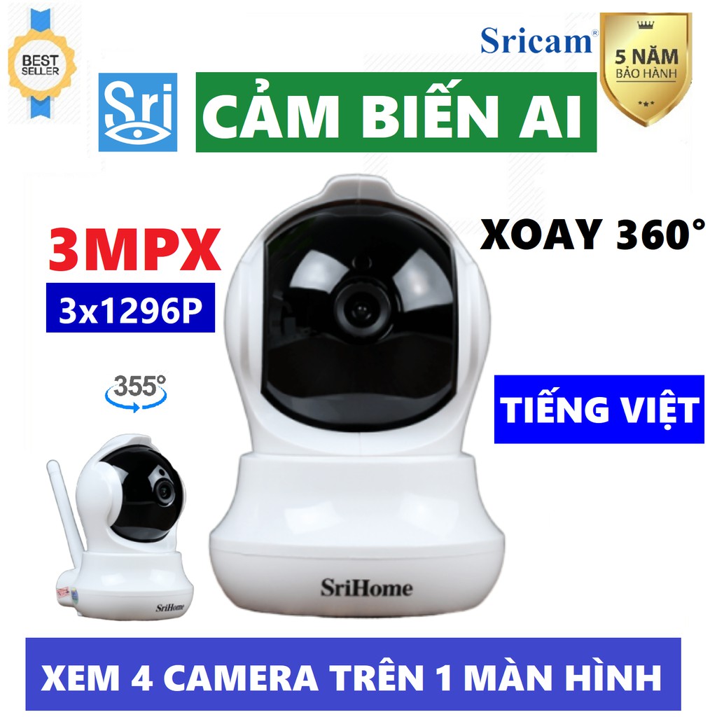 Camera 3.0 Mpx Srihome Sh020 Chuẩn 1296 Pixel - Xoay 360° - Cài đặt tiếng Việt  - Bảo Hành Chính Hãng