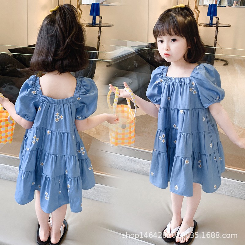 Váy Bé Gái Dáng Babydoll Suông Xòe Nhiều Tầng Xanh Hoa Cúc Trắng Cho Bé Từ 1 đến 6 Tuổi
