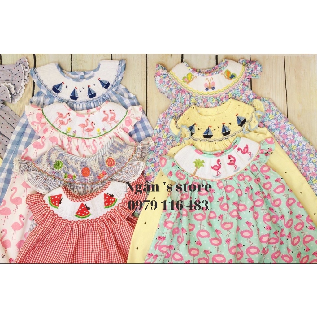 Đầm smock bé gái caro đỏ thêu họa tiết dưa hấu