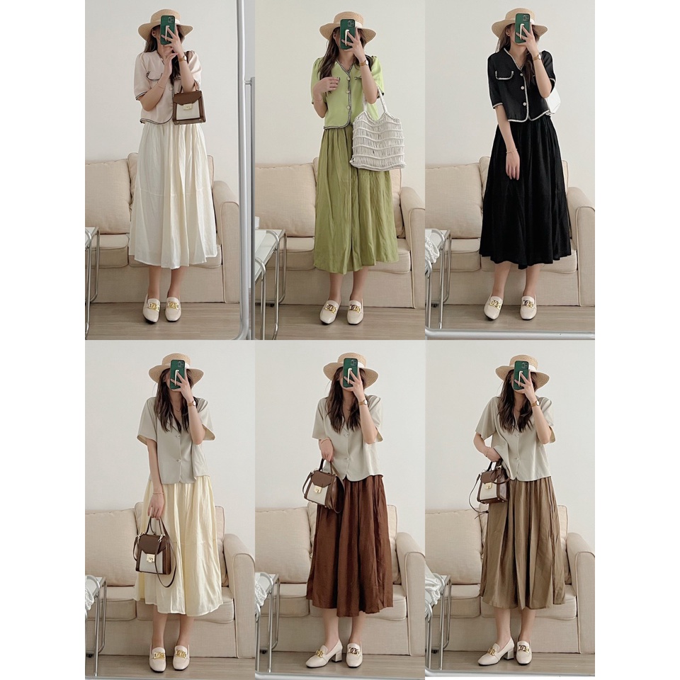 CHÂN VÁY DÀI MIDI TƠ VOAN doubleh.clo - Chân váy midi tơ đũi nhăn basic 2 lớp bồng bềnh công chúa ulzzang Hàn Quốc