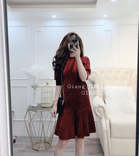 VÁY NHUNG ĐỎ ĐUÔI CÁ TAY BỒNG