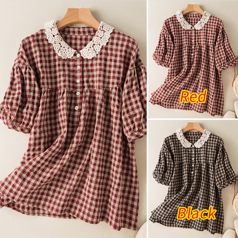 Áo sơ mi ZANZEA tay ngắn phối ren họa tiết sọc caro thời trang cho nữ