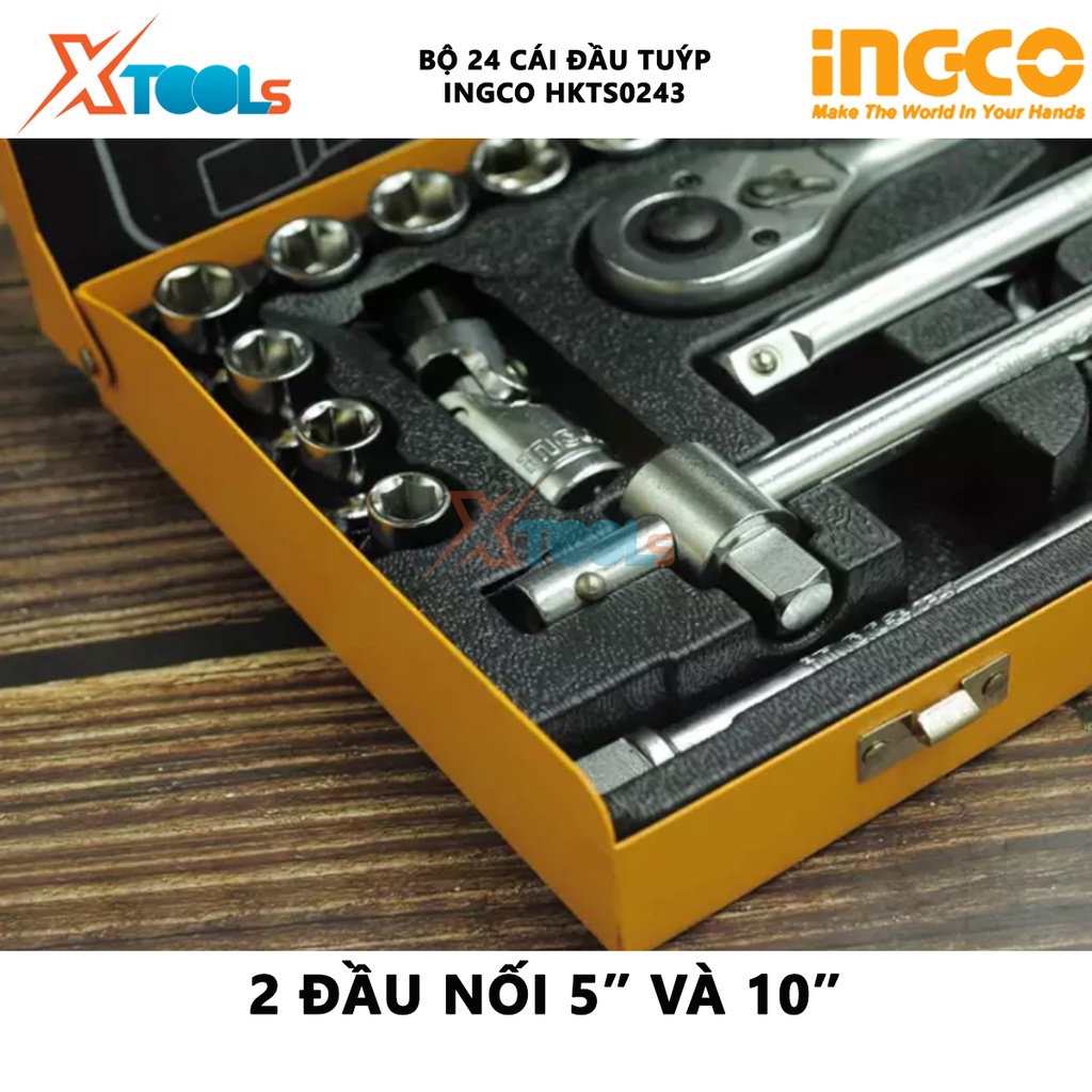 Bộ tuýp 24 chi tiết INGCO HKTS0243 | Bộ 24 cái đầu tuýp, cần siết 1/2'', dụng cụ sửa xe, gồm 18 đầu tuýp 2 cần nối 5″ và