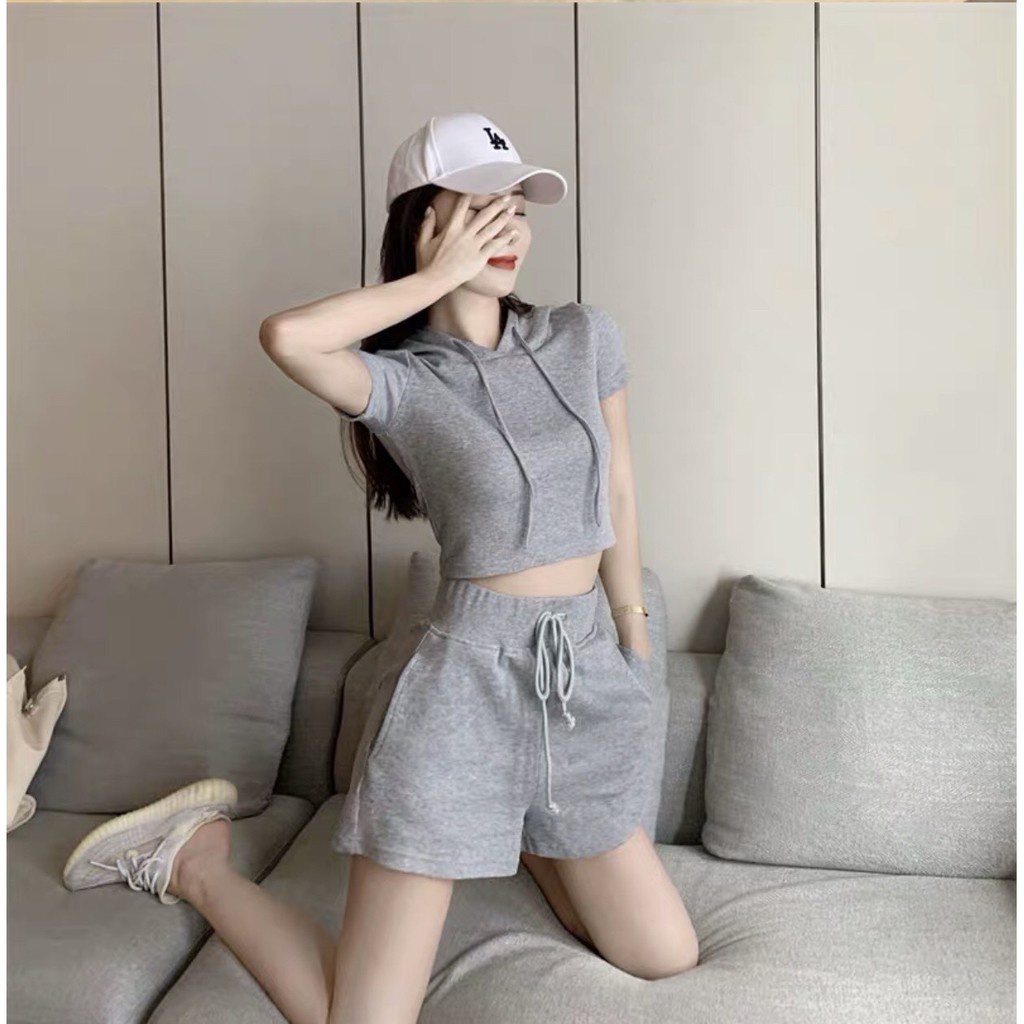 SET ÁO HOODIE CROPTOP MIX QUẦN ĐÙI TÍM ĐEN XÁM ULZZANG - BỘ THỂ THAO HOT