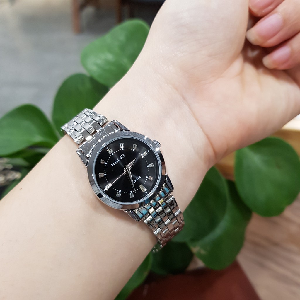 Đồng hồ đôi nam nữ Halei mặt trắng dây da kim loại chính hãng TonyWatch68