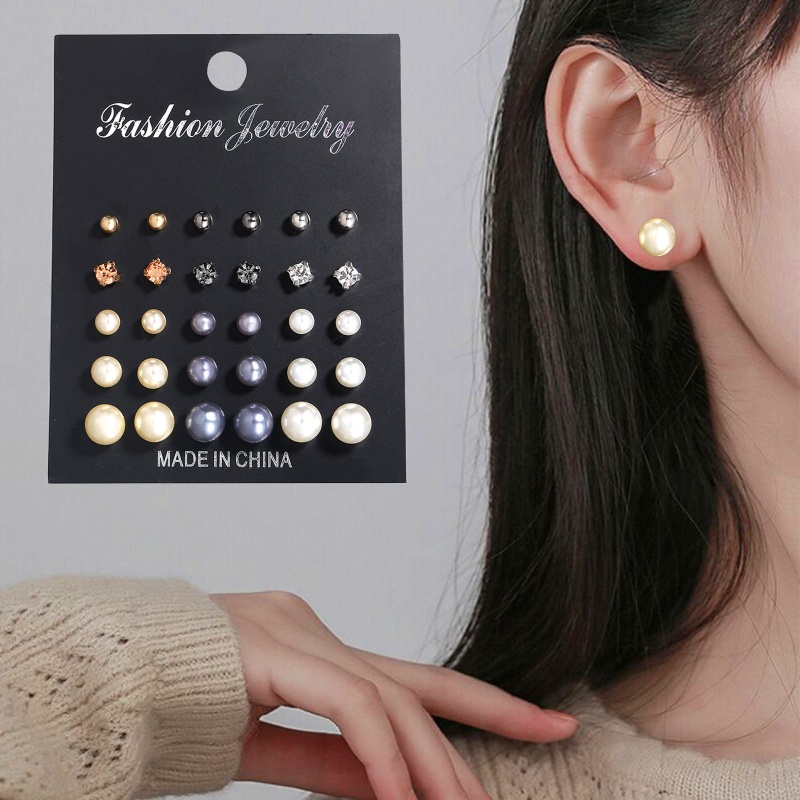 Set 15 Đôi Khuyên Tai Nhỏ Đính Đá / Ngọc Trai Giả Phong Cách Tối Giản