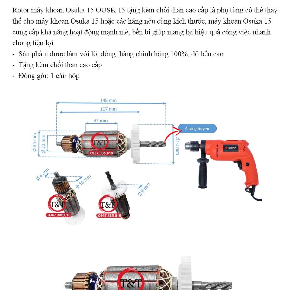 Rotor máy khoan Osuka 15 OUSK 15 tặng kèm chổi than