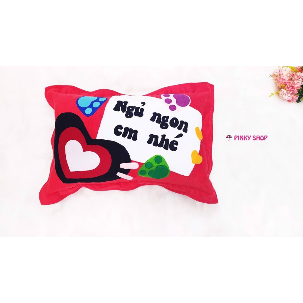 Gối handmade vải nỉ chữ nhật cao cấp "Ngủ Ngon Em Nhé" màu đỏ tặng bạn gái Pinky Shop mã GHMG1