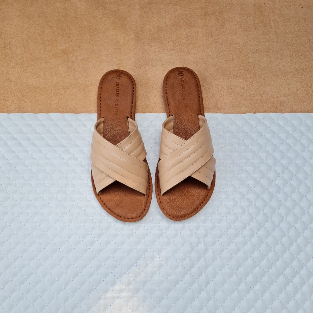 Dép chéo quai lót muos NALLDOS quai da Microfiber đế thấp TPR chống trượt 5 màu Đen, Bò, Trắng, Kem và Vàng