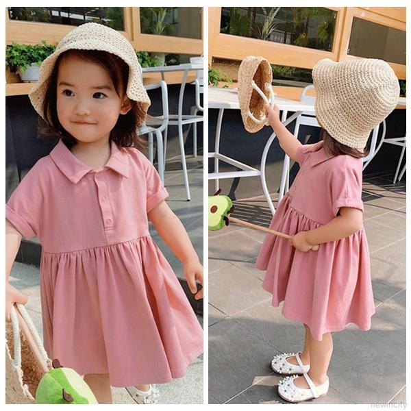 Đầm xòe tay ngắn cổ bẻ phối nút phong cách Hàn Quốc thời trang xinh xắn cho bé gái