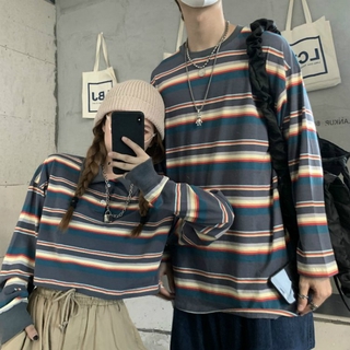O-Neck Long Sleeve Tshirt Men Striped Cotton Sweatshirt Men's Korean Style Fashion Pullover Sweatshirt Couple Outfit Male Long Sleeve Shirt Trend Hip Hop Unisex T-shirt