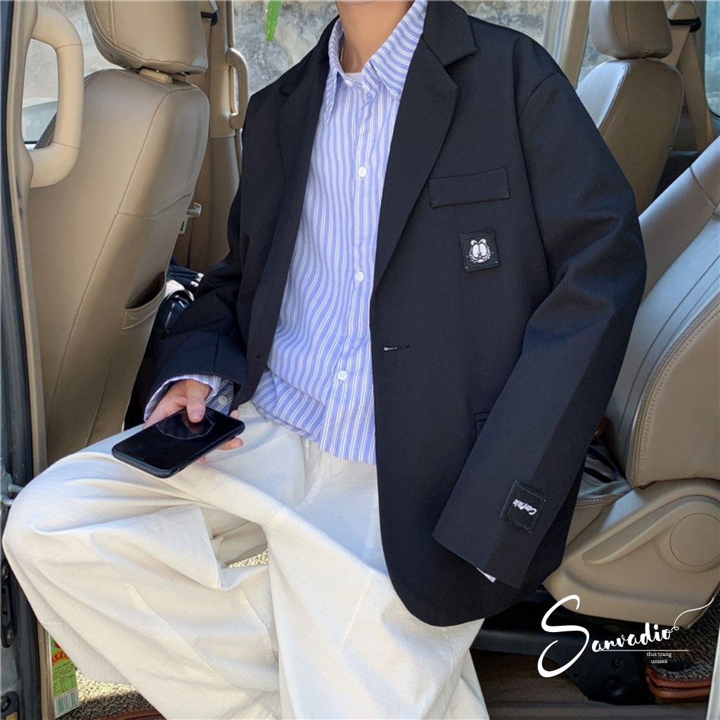Áo blazer nam dài tay áo khoác form rộng SANVADIO 2 màu đen, trắng dễ phối đồ phong cách Hàn Quốc AD09