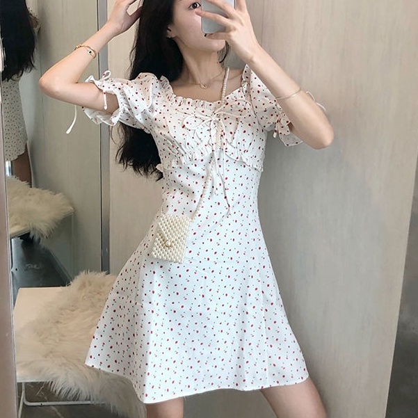 Đầm Họa Tiết Hoa Màu Trắng Phong Cách Pháp Thanh Lịch