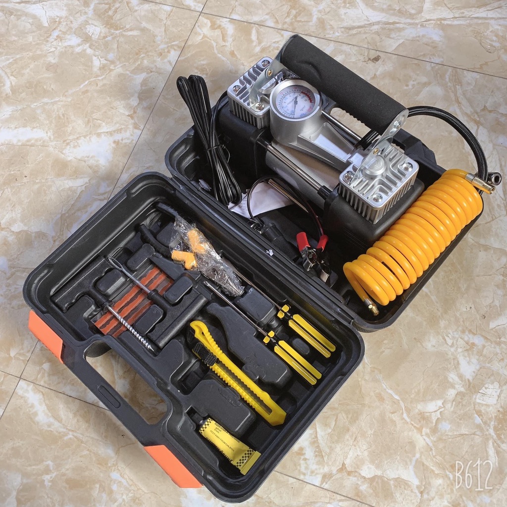 Bơm Lốp Ô Tô 2 Xi Lanh Công Suất Cao (Có Hộp + Bộ Dụng Cụ 12VDC ( đồng hồ cơ )