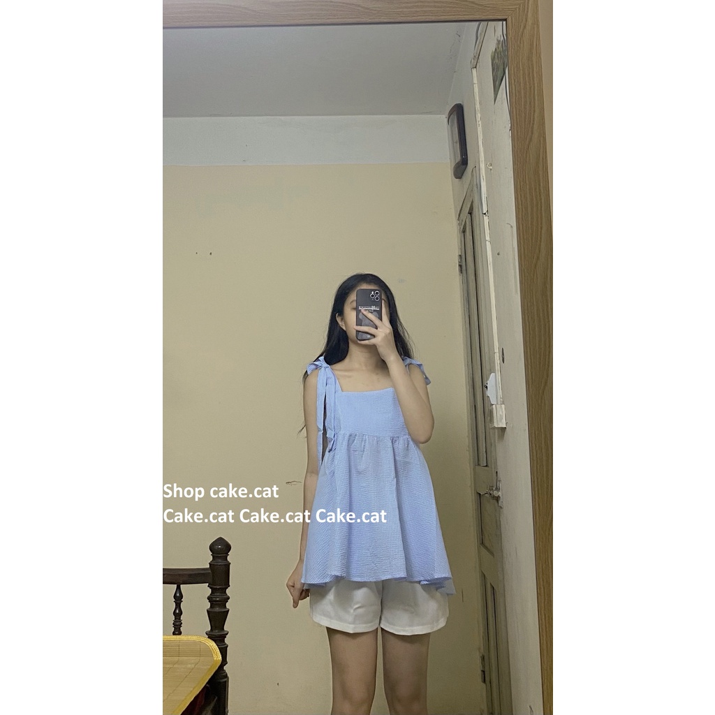 [Video ảnh thật] Set Áo Babydoll Buộc Nơ Vai Xanh Phối Cùng Quần Short Trắng