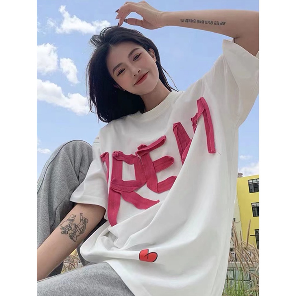 Áo Thun Ngắn Tay Cổ Tròn Họa Tiết Sọc In Chữ Phong Cách Hàn Quốc Dễ Phối Đồ Thời Trang
