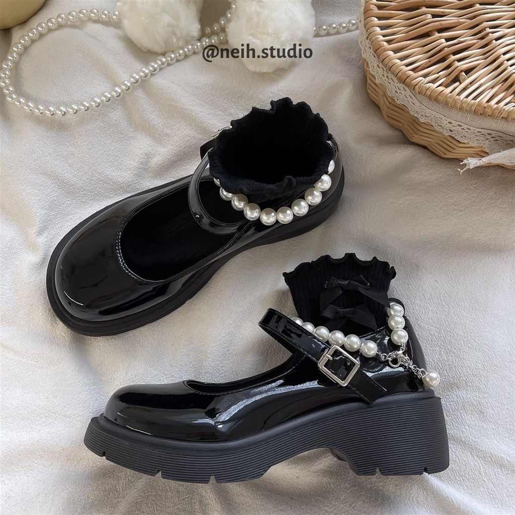 Giày oxford lolita quai ngọc khóa cài đế độn 4cm da bóng thời trang cho nữ neih.studio