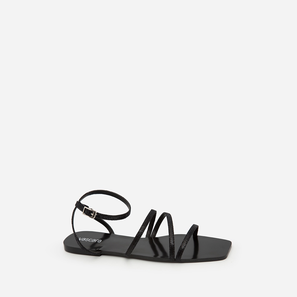 Vascara Giày Sandal Ankle Đế Bệt Mũi Vuông Vân Da Kỳ Đà SDK 0317 Đen