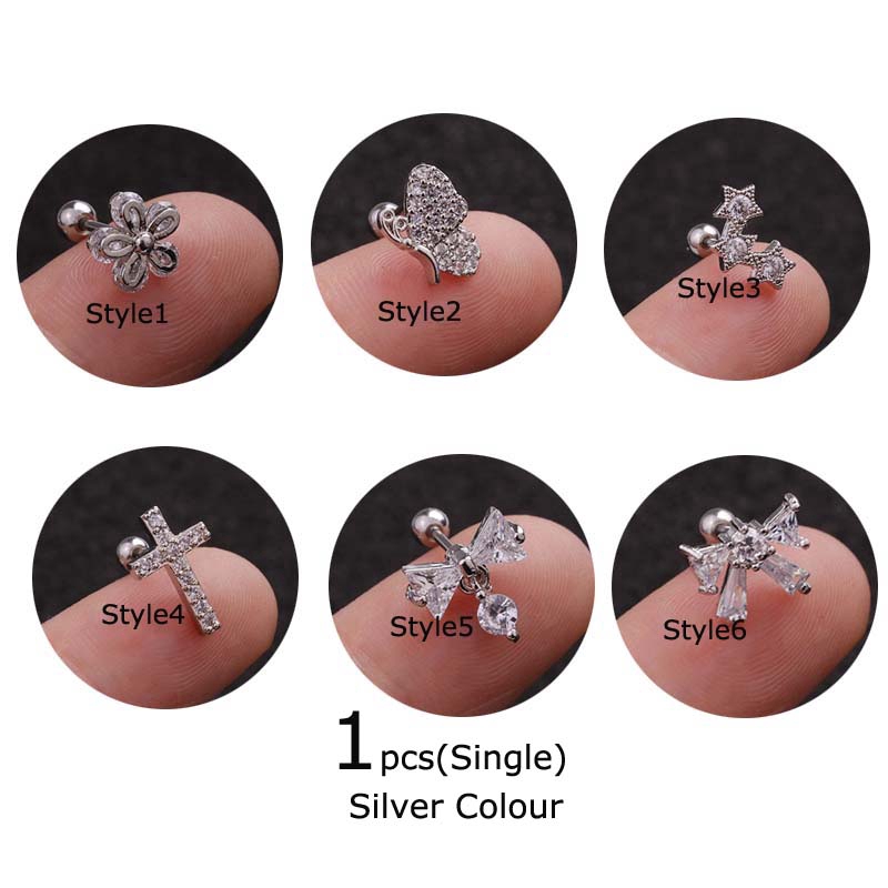 Khuyên tai xỏ bằng inox đính đá zircon 6mm thời trang