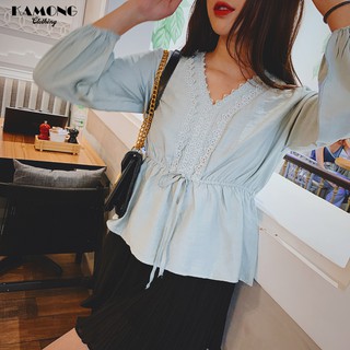 Áo kiểu phối ren rút eo KAMONG A052