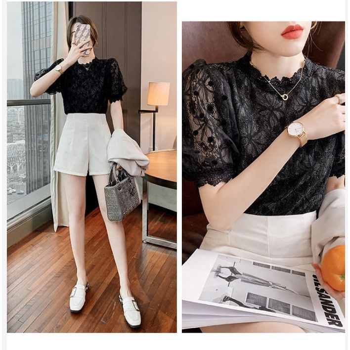 Áo Chiffon Tay Ngắn Phối Ren Thời Trang Mùa Hè Phong Cách Phương Tây