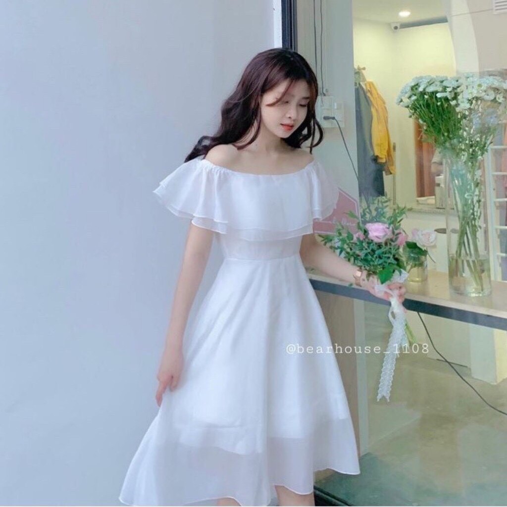 Váy trắng trễ vai voan dáng xòe siêu xinh - Đầm trắng trễ vai kỉ yếu, dự tiệc