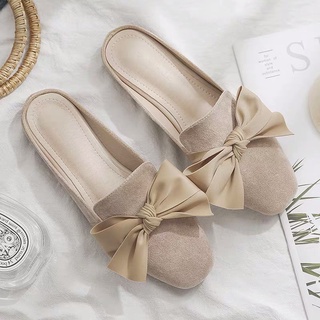 Dép sục nữ, giày sục nữ đính nơ mũi vuông, chất liệu vải mềm mại