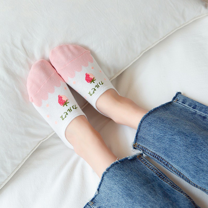 Set 5 Đôi Tất Nữ Cổ Ngắn Đi Hài Họa Tiết Dâu Cam Dễ Thương