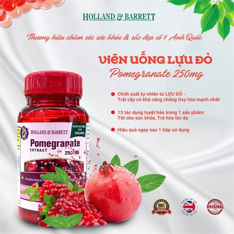 Viên uống chống nắng, trắng da tinh chất lựu đỏ H&amp;B Pomegranate 250mg lọ 60 viên