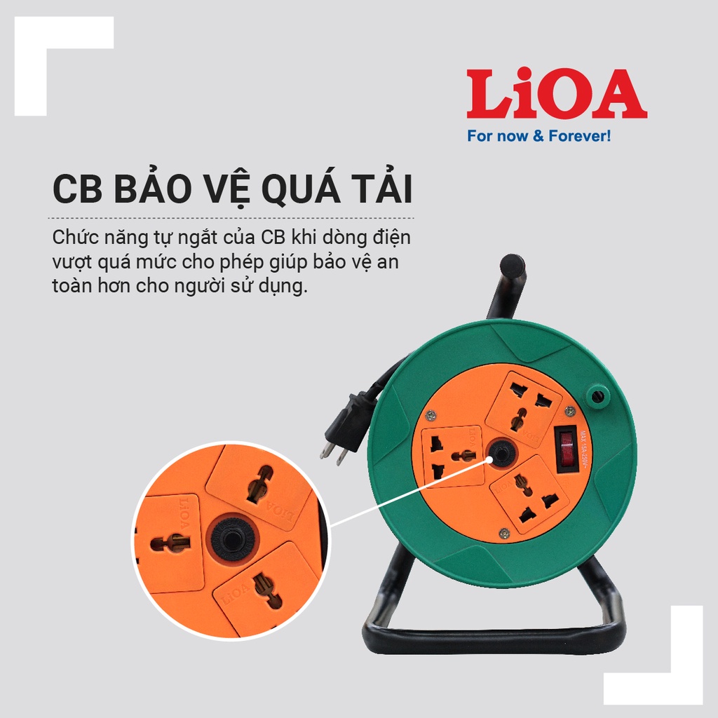 [CHÍNH HÃNG] Ổ cắm kéo dài quay tay kiểu Rulo LiOA phổ thông dài 30m QT30-2-10A và QT30-2-15A đa năng có nắp che an toàn