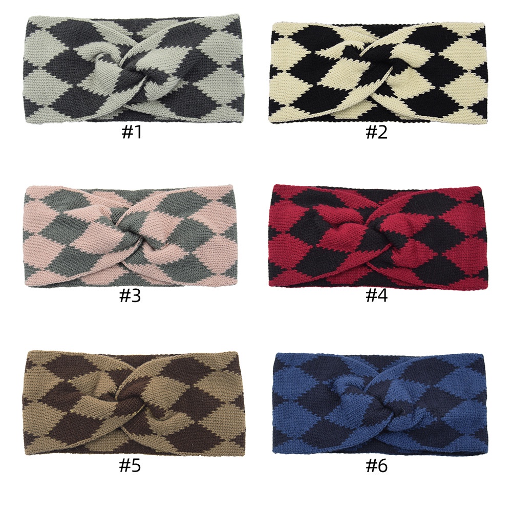 Băng đô HAIMEIKANG len dệt kim họa tiết sọc hình thoi thời trang thủ công