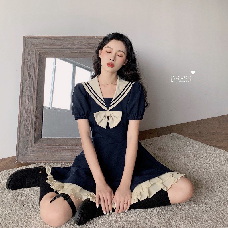 JANE Đầm xoè phối nơ cổ Hải Quân phong cách nữ sinh Nhật Bản chất đẹp