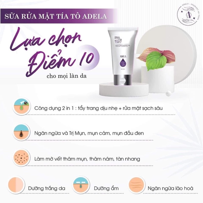 (TẶNG KÈM TONER TÍA TÔ 30ml) SỮA RỬA MẶT TÍA TÔ - KEM DƯỠNG TRẮNG DA ADELA