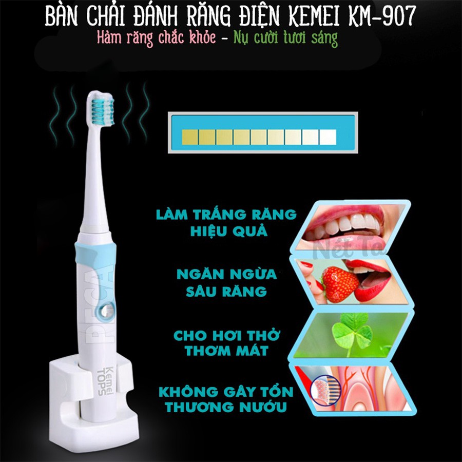 Bàn chải đánh răng điện Kemei KM-907 sạc không dây, sử dụng công nghệ rung siêu âm hiện đại chống thấm nước IPX7 an toàn