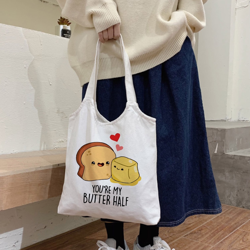 Túi tote bag Vải Canvas Mềm Quai Tròn Hình Siêu Cute Có Khóa Đi Học Đi Chơi