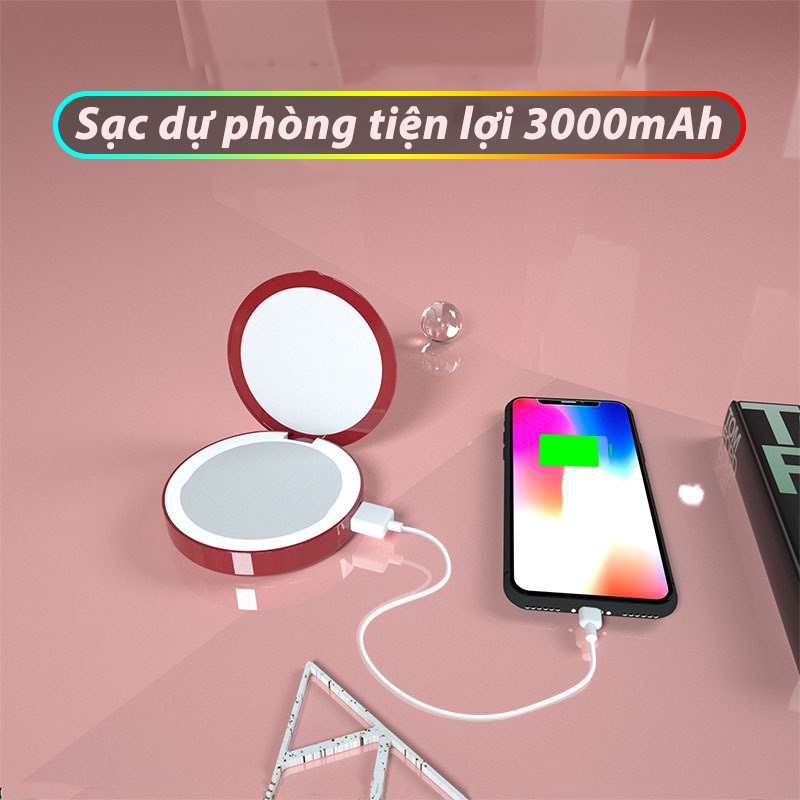 Gương Đèn Led Tích Hợp Sạc Dung Lượng 3000 Mah, Gương Trang Điểm Độ Nét Cao, Zoom 3x, Siêu Tiện Lợi BH [6 Tháng]