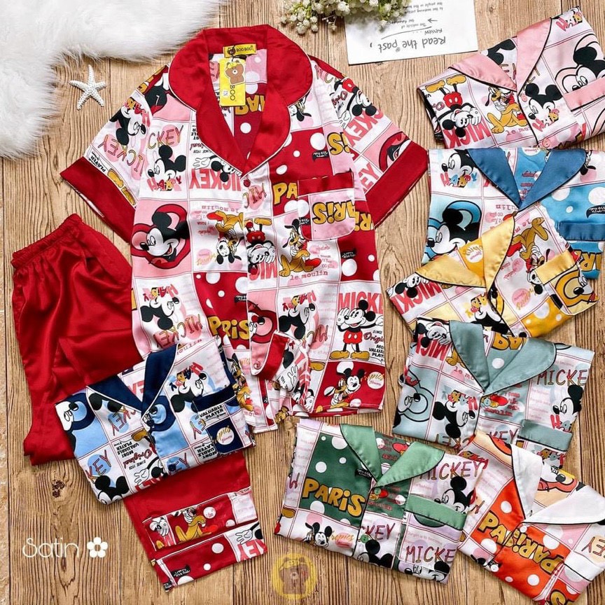 Đồ Bộ Pijama Satin TNQD Phối túi Hoạt hình-Quần Trơn