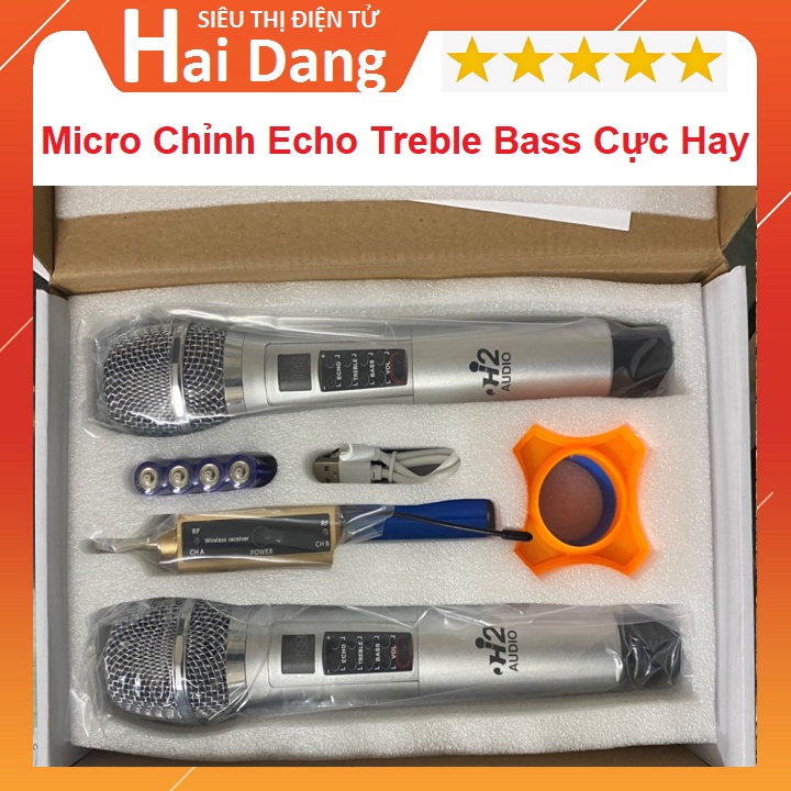 Bộ 2 Micro Không Dây, Chính Hãng H2 AUDIO, Tặng Pin, Mic Chuyên Hát Karaoke - Chỉnh - ECHO - BASS - TREBLE - Trên Micro