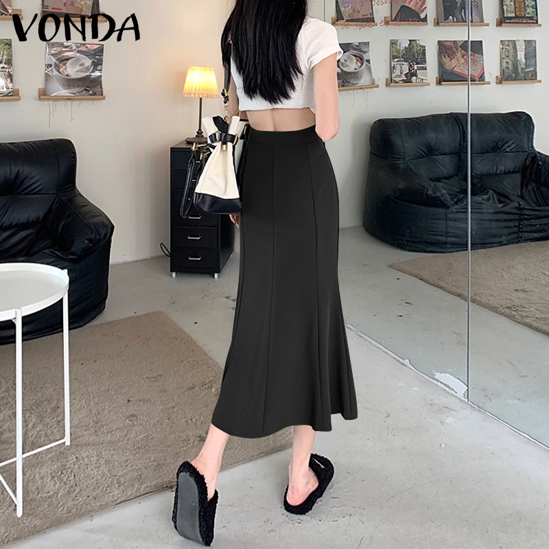 Chân váy dài VONDA lưng cao màu trơn phối nút phong cách Hàn Quốc thời trang cho nữ