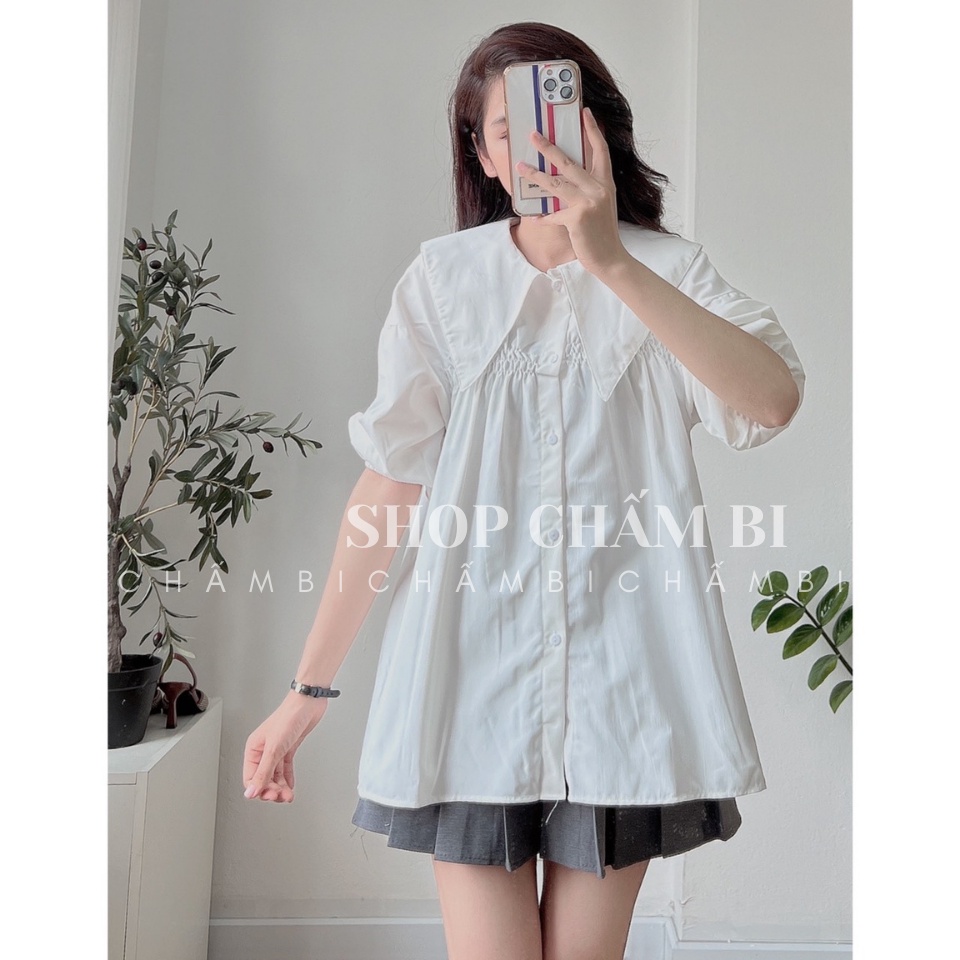 Áo sơ mi cách điệu A.317, Áo kiểu dáng dài cổ nhọn Gothic tay lỡ bo chun nhún ngực 2 màu điệu đà - Thời trang nữ Chấm Bi | BigBuy360 - bigbuy360.vn