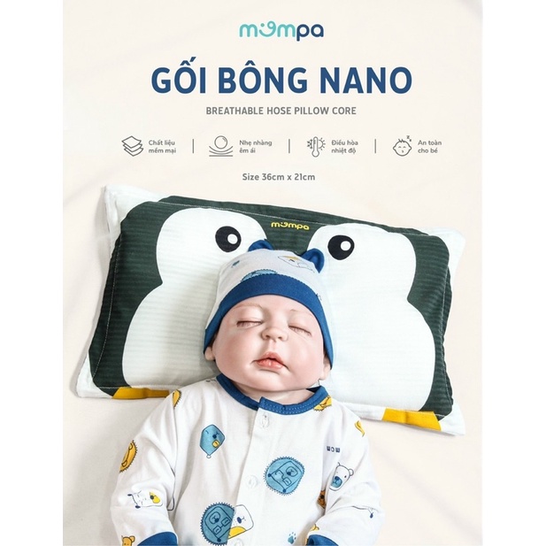 Gối bông sơ sinh Mompa vỏ cotton ruột bông mềm, mỏng, mát [ babyboo]