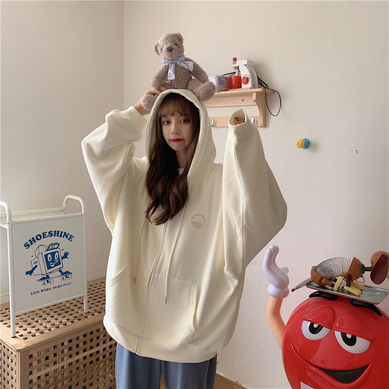 Áo khoác hoodie có khóa kéo dáng rộng mẫu mới phong cách Hàn Quốc mới thời trang mùa thu dành cho nữ