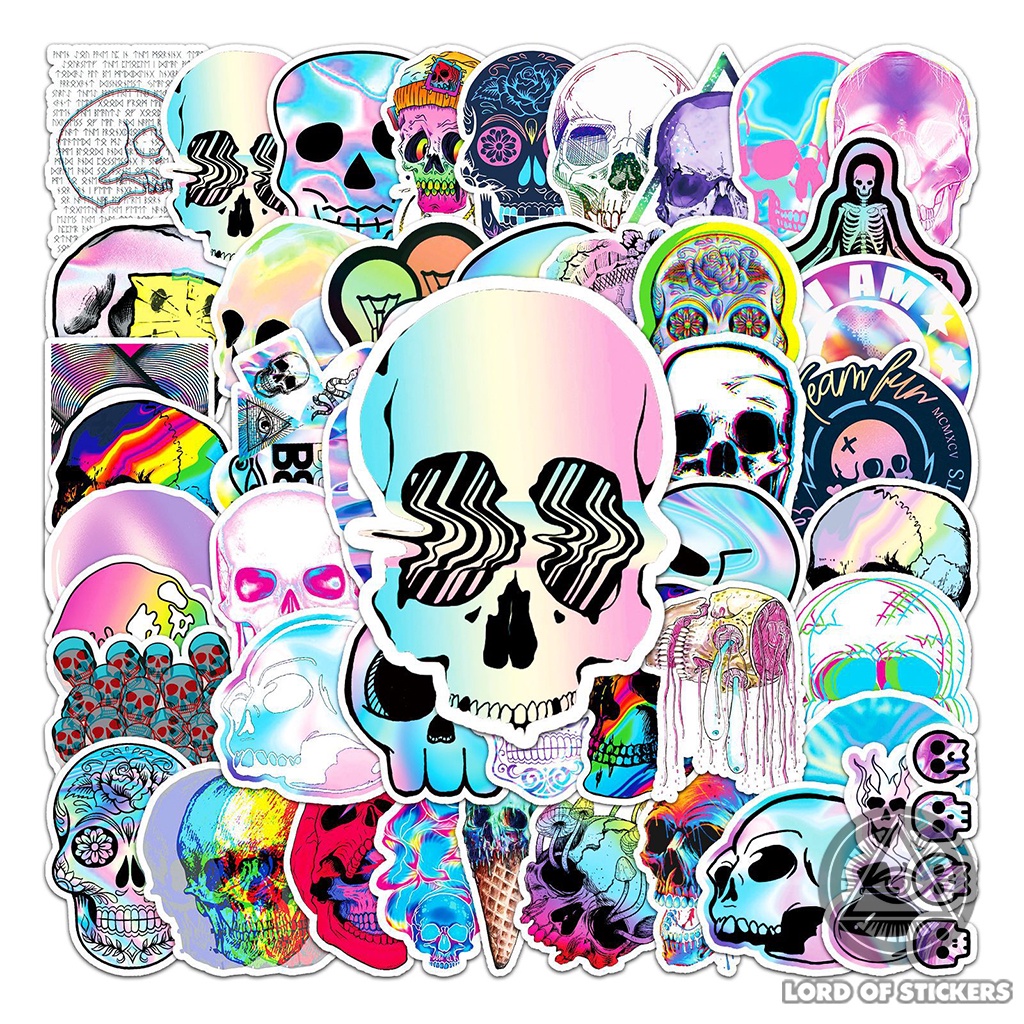 Set 50 Hình Dán Đầu Lâu Holographic Graffiti Sticker Cute Nhiều Màu Sắc Chống Thấm Nước Dán Mũ Bảo Hiểm, Laptop, Vali