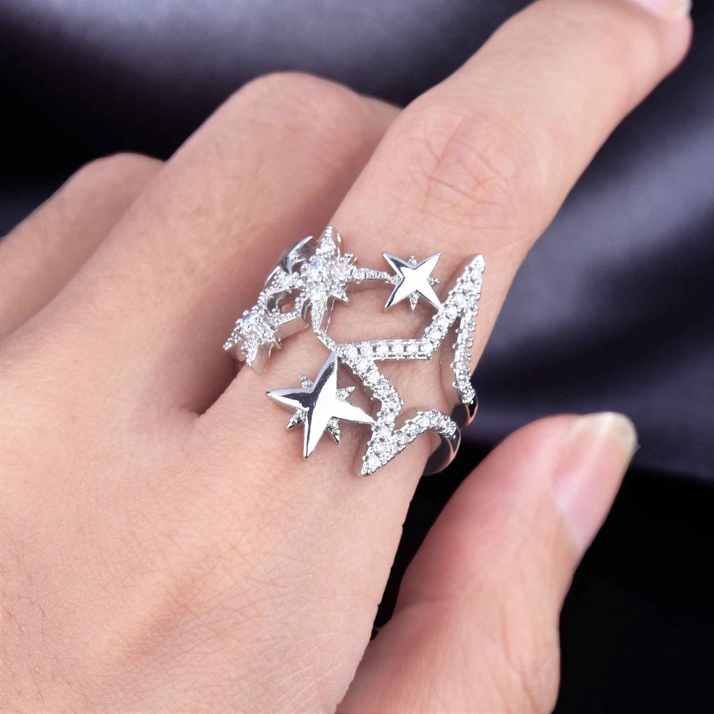 Nhẫn Mạ Bạc 925 Đính Đá Zircon Hình Ngôi Sao Năm Cánh Có Thể Điều Chỉnh Kích Cỡ