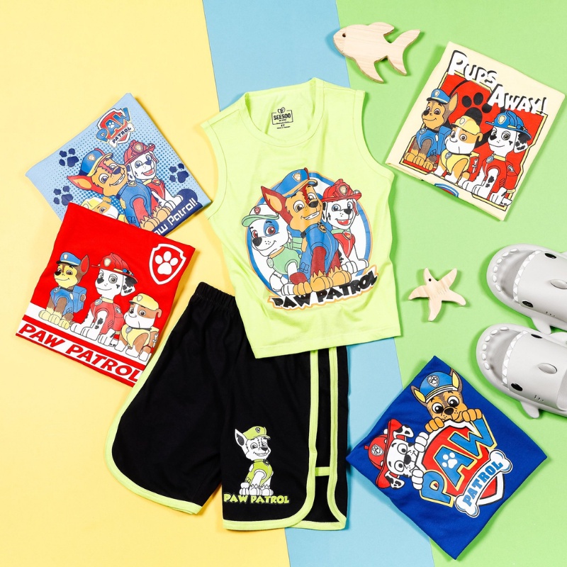 Bộ ba lỗ trẻ em, quần áo sát nách bé trai đội chó cứu hộ Pawpatrol chất liệu cotton cao cấp, mềm mịn size từ 10 đến 25kg